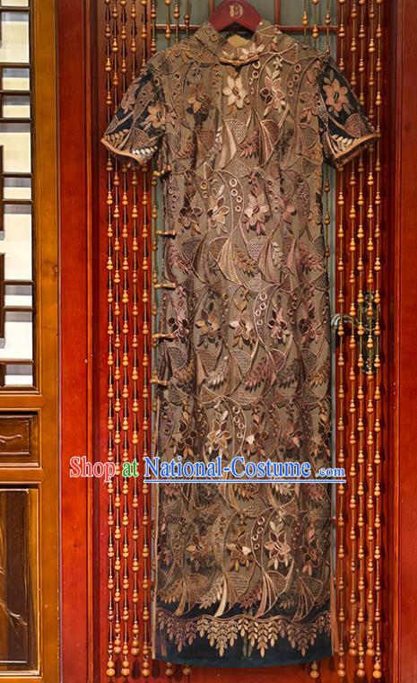 Chinese Classical Dance Qipao Dress Elderly Woman Brown Lace Cheongsam Costume