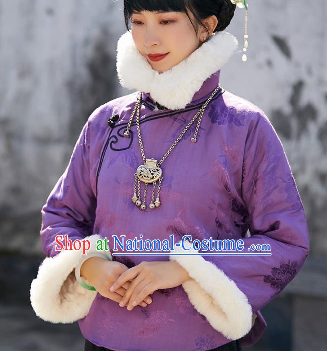 China Traditional Stand Collar Overcoat Outer Garment National Woman Purple Silk Cotton Wadded Jacket