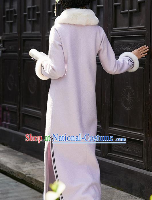 China National Lapel Qipao Dress Clothing Traditional Winter Purple Woolen Cheongsam