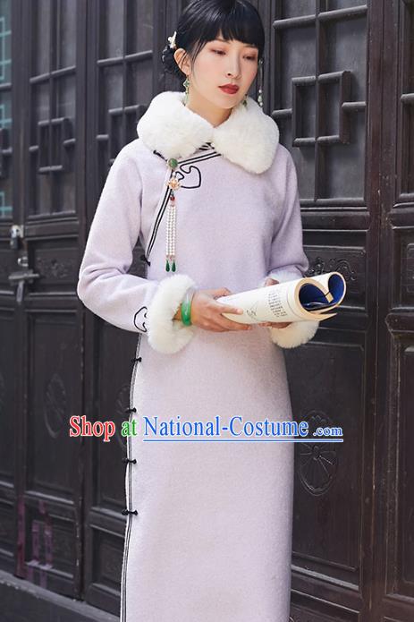 China National Lapel Qipao Dress Clothing Traditional Winter Purple Woolen Cheongsam