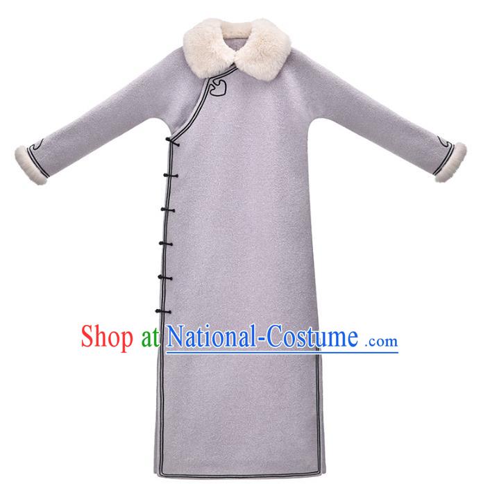 China National Lapel Qipao Dress Clothing Traditional Winter Purple Woolen Cheongsam