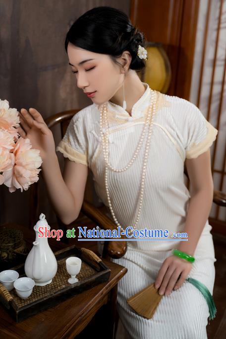 China National Young Lady Qipao Dress Clothing Traditional White Velvet Cheongsam