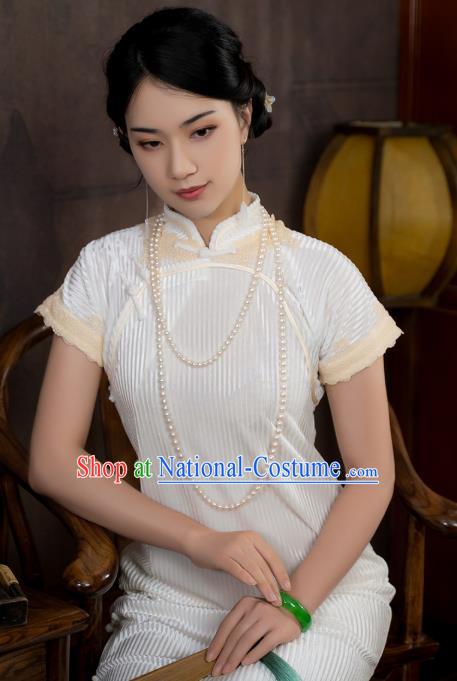 China National Young Lady Qipao Dress Clothing Traditional White Velvet Cheongsam