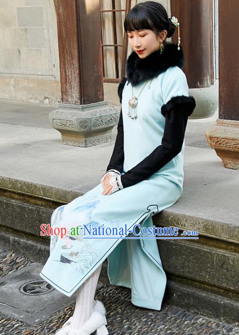 China Traditional Young Lady Light Blue Cheongsam National Winter Long Qipao Dress Clothing