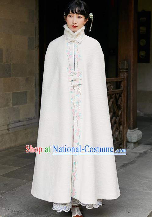 Chinese Traditional Embroidered White Woolen Cloak Costume National Women Stand Collar Long Cape