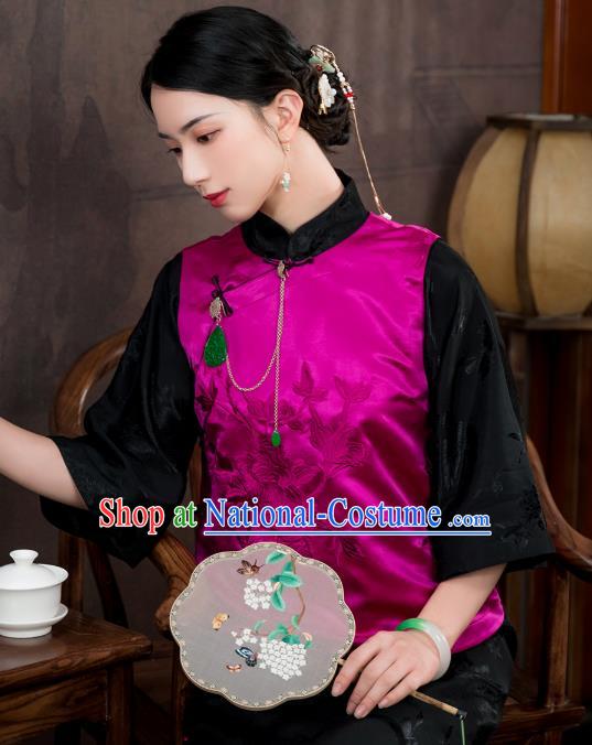 Chinese Traditional Embroidered Rosy Silk Vest Costume National Women Tang Suit Waistcoat