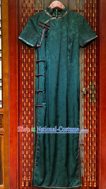 Chinese Classical Jacquard Bamboo Leaf Deep Green Silk Qipao Dress National Young Lady Cheongsam Costume