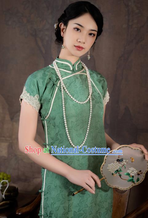 China National Young Lady Short Sleeve Qipao Dress Clothing Traditional Green Silk Slim Cheongsam