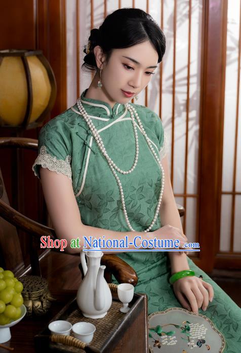 China National Young Lady Short Sleeve Qipao Dress Clothing Traditional Green Silk Slim Cheongsam