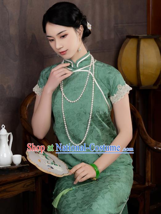 China National Young Lady Short Sleeve Qipao Dress Clothing Traditional Green Silk Slim Cheongsam