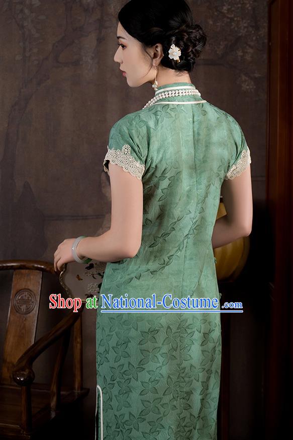 China National Young Lady Short Sleeve Qipao Dress Clothing Traditional Green Silk Slim Cheongsam