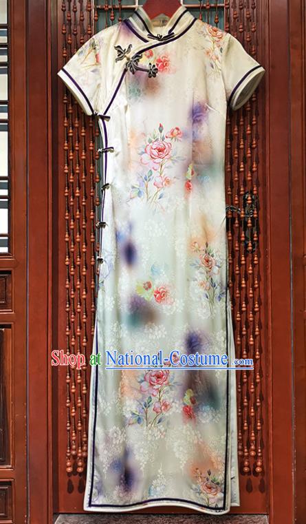 Chinese Classical White Brocade Qipao Dress National Young Lady Printing Silk Cheongsam Clothing