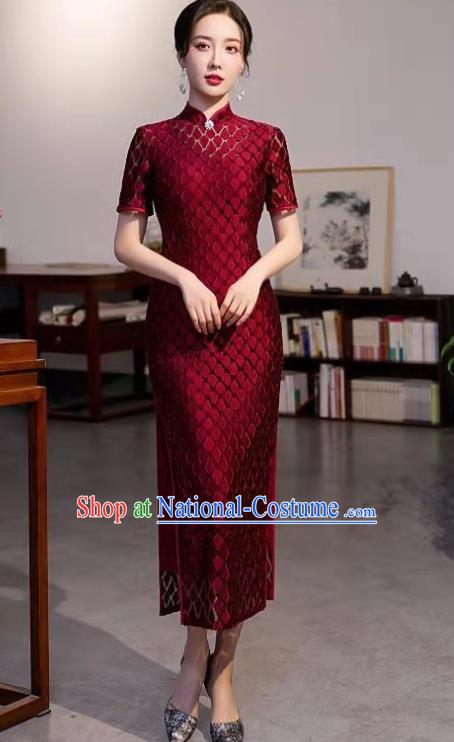 Chinese Modern Wine Red Cheongsam Traditional Wedding Bride Qipao Dress Clothing