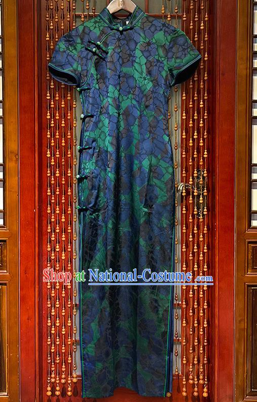 Chinese Traditional Blue Qipao Dress National Modern Compere Cheongsam Stage Show Clothing