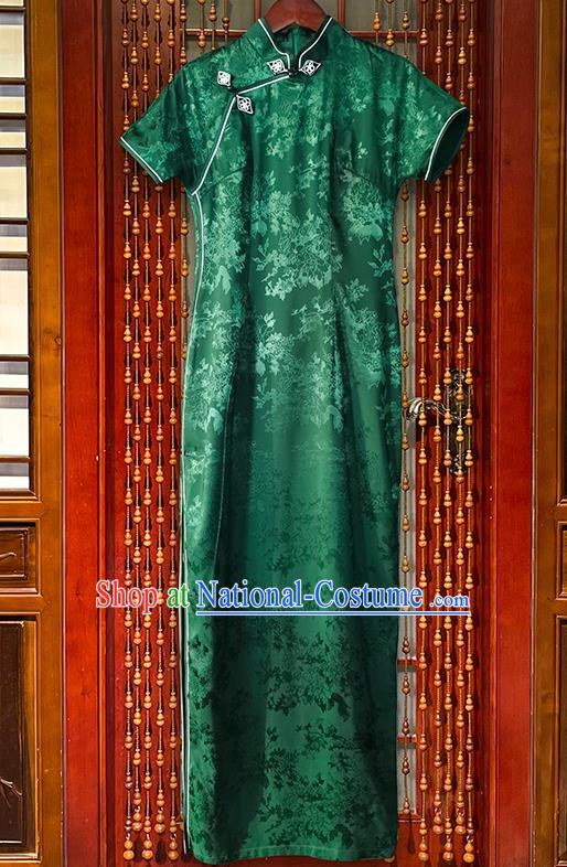 Chinese National Green Brocade Cheongsam Dress Classical Dance Clothing Traditional Jacquard Silk Qipao