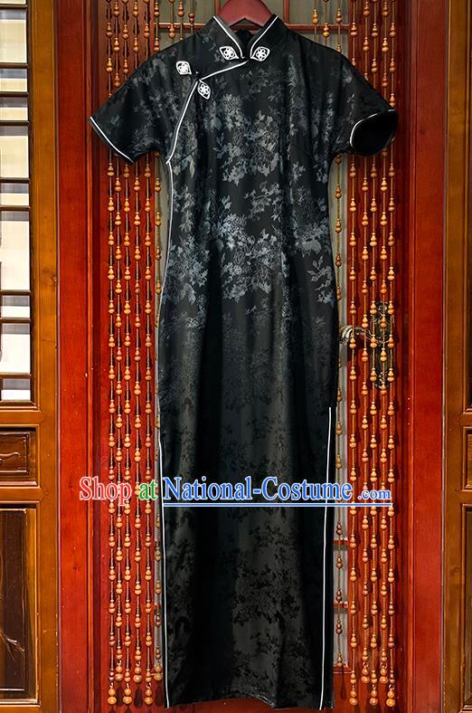 Chinese Traditional Jacquard Silk Qipao National Black Brocade Cheongsam Dress Classical Show Clothing