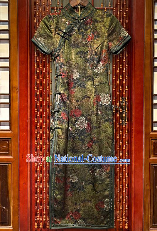 Chinese Stage Show Clothing Traditional Silk Qipao National Printing Peony Olive Green Cheongsam Dress