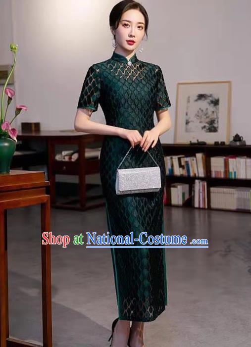 Chinese Traditional Compere Qipao Dress Clothing Modern Deep Green Cheongsam