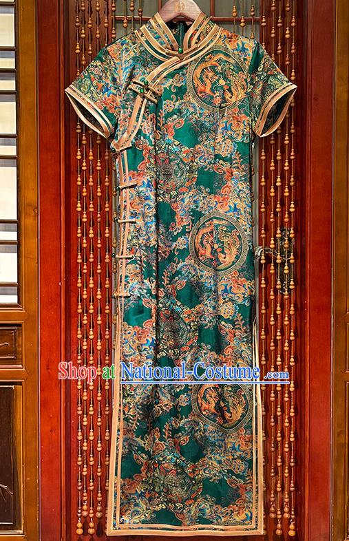 Chinese Stand Collar Qipao Dress Clothing National Woman Clothing Traditional Printing Dragon Phoenix Green Cheongsam