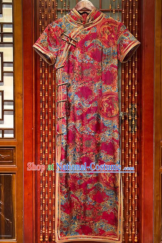 Chinese National Woman Clothing Traditional Printing Dragon Phoenix Rosy Cheongsam Stand Collar Qipao Dress Clothing