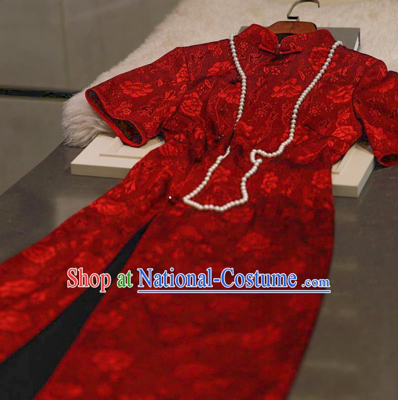 Chinese Traditional Wedding Qipao Dress Clothing Bride Red Velvet Cheongsam