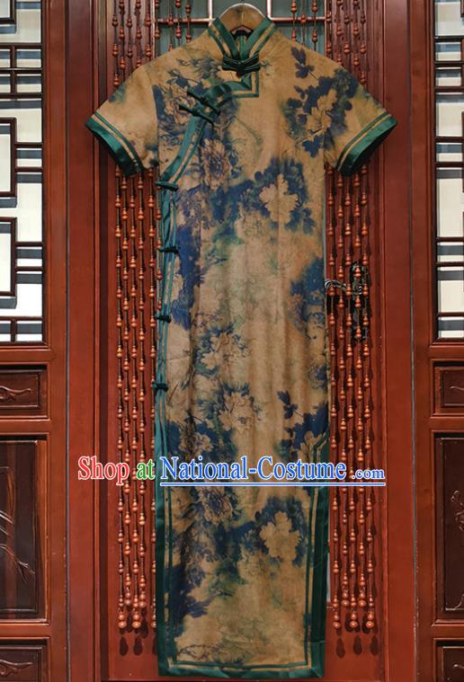 Chinese Traditional Silk Long Qipao Dress Clothing Classical Peony Pattern Khaki Brocade Cheongsam