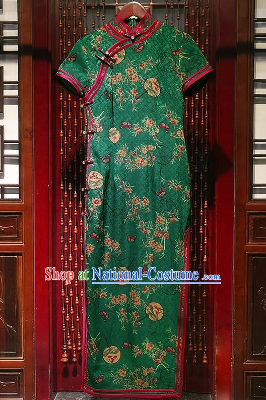 Chinese Modern Catwalks Clothing Traditional Printing Peach Blossom Fan Silk Cheongsam Classical Stand Collar Qipao Dress