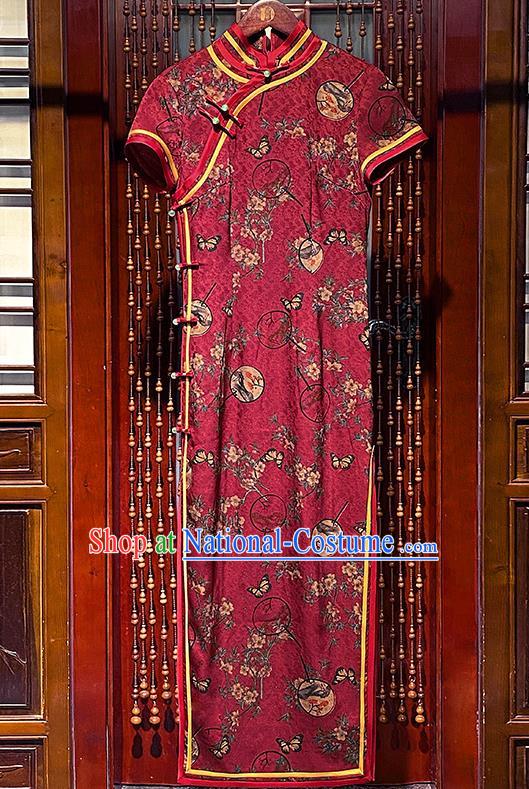 Chinese Classical Fan Dance Clothing Traditional Printing Red Silk Cheongsam Stand Collar Long Qipao Dress