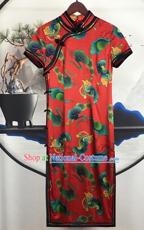 Chinese Traditional Printing Clouds Red Silk Cheongsam Stand Collar Short Qipao Dress Classical Wedding Clothing