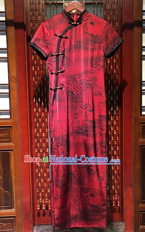 China Traditional Wedding Red Silk Cheongsam Clothing Traditional Bride Toast Qipao Dress