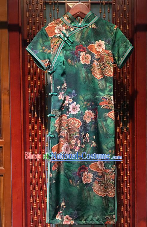 China Traditional Printing Flowers Green Silk Cheongsam Clothing Classical Short Qipao Dress