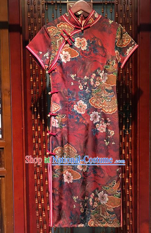 China Modern Dance Short Qipao Dress Traditional Printing Flowers Red Silk Cheongsam Clothing