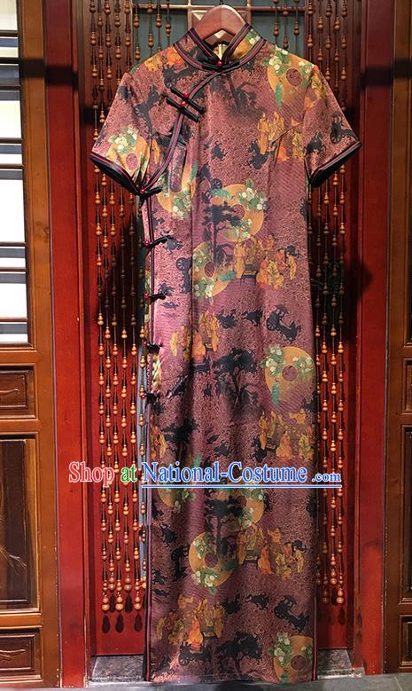 China Catwalks Purplish Red Silk Qipao Dress Traditional Printing Long Cheongsam Bride Clothing