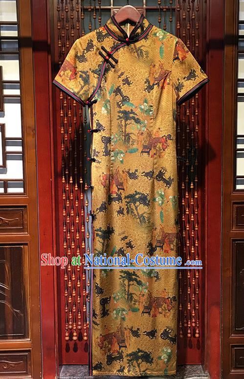 China Classical Yellow Silk Qipao Dress Traditional Fan Dance Long Cheongsam Stage Performance Clothing