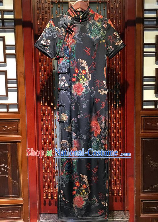 China Stage Performance Clothing Classical Black Silk Qipao Dress Traditional Printing Peony Long Cheongsam