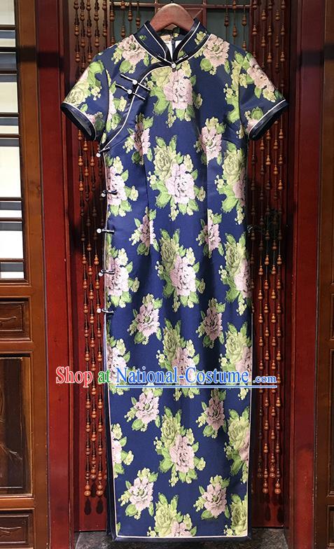 China Modern Printing Peony Blue Qipao Dress Stage Performance Clothing Traditional Slant Opening Cheongsam