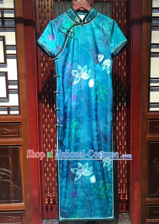 China Stand Collar Qipao Dress Classical Dance Clothing Traditional Printing Lotus Blue Satin Cheongsam