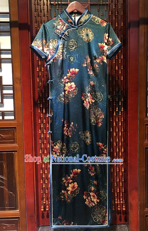 China Classical Dance Clothing Traditional Printing Mangnolia Cheongsam Stand Collar Atrovirens Qipao Dress