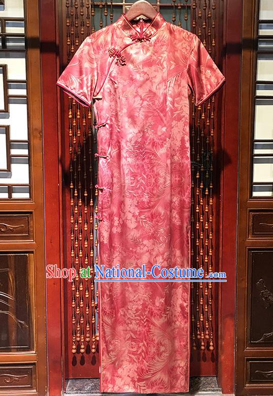 China Classical Palace Fan Dance Clothing Traditional Young Mistress Pink Silk Cheongsam National Qipao Dress