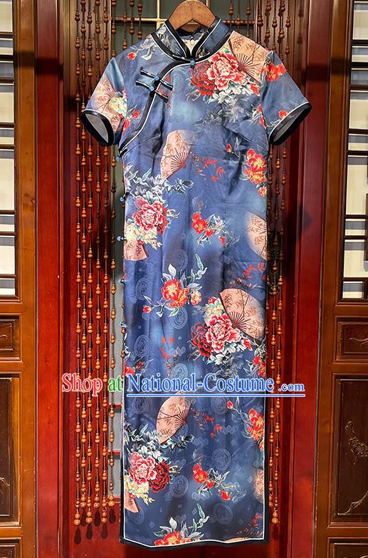 Chinese Traditional Printing Peony Fan Cheongsam Stand Collar Qipao Dress National Navy Silk Clothing