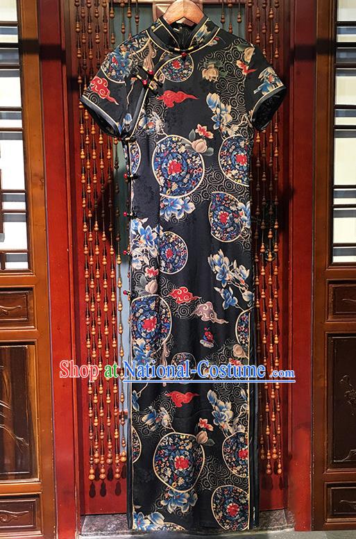 China Classical Stage Show Clothing National Black Silk Qipao Dress Traditional Printing Mangnolia Cheongsam