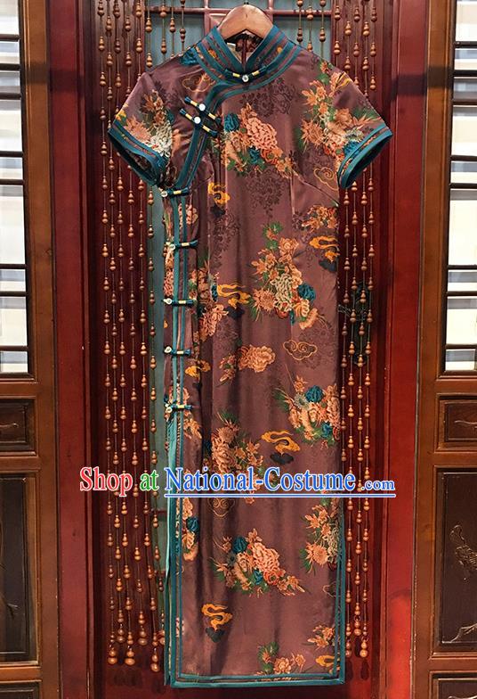 China Classical Palace Fan Show Clothing Traditional Printing Peony Cheongsam National Brownish Red Silk Qipao Dress