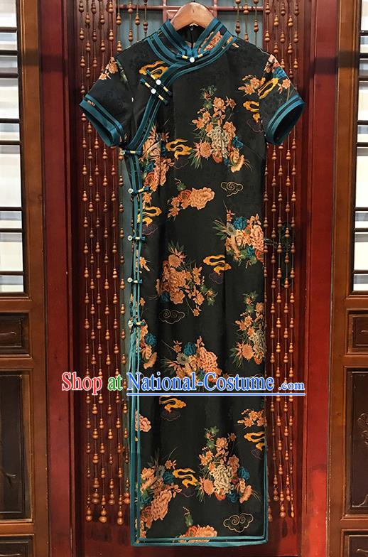 China Traditional Printing Peony Cheongsam National Black Silk Qipao Dress Classical Palace Fan Show Clothing