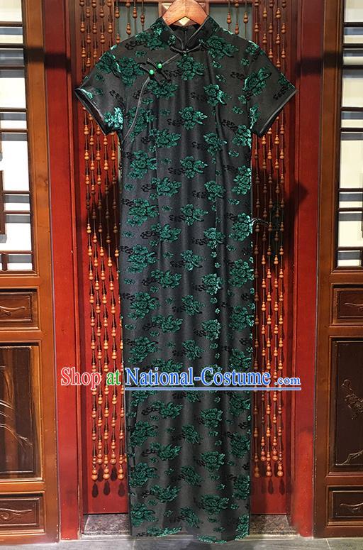 China National Printing Green Flowers Qipao Dress Classical Mother Clothing Traditional Elderly Woman Cheongsam