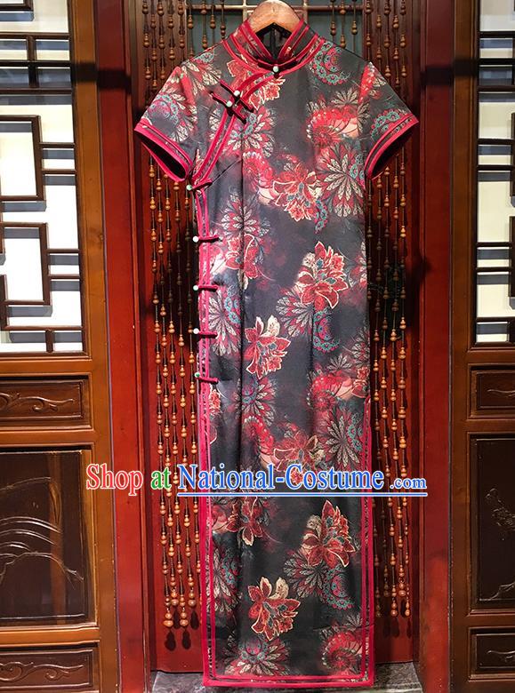 China National Woman Printing Flowers Qipao Dress Traditional Stage Show Long Cheongsam