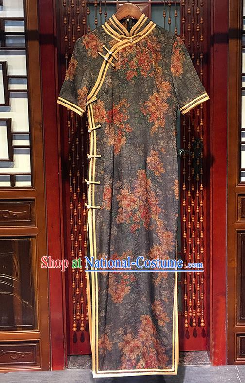 China Traditional Stand Collar Cheongsam National Printing Peach Blossom Grey Silk Qipao Dress