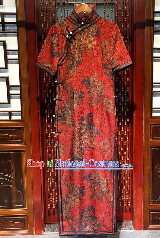 China National Printing Peach Blossom Red Silk Qipao Dress Bride Clothing Traditional Stand Collar Cheongsam