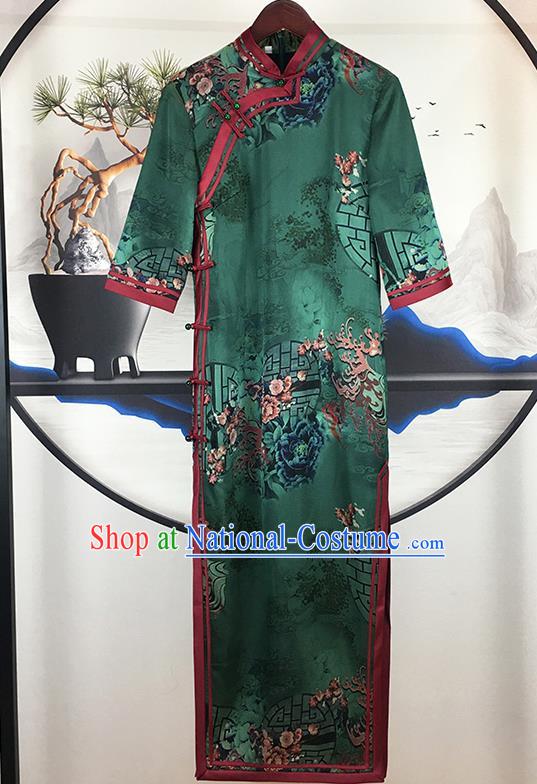 China National Green Satin Qipao Dress Classical Dance Clothing Traditional Stage Performance Cheongsam