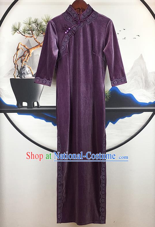 China Modern Stage Show Clothing National Qipao Dress Traditional Purple Velvet Cheongsam