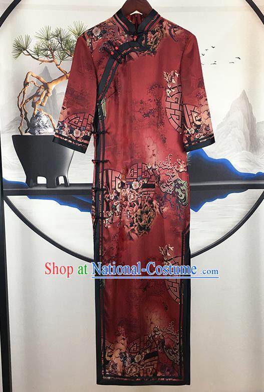 China Classical Dance Clothing Traditional Stage Performance Cheongsam National Dark Red Satin Qipao Dress